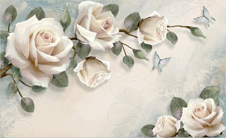 Acheter Fond Décran Européen Blanc Rose Fleur Mural Photo Fonds Décran Salon Papier Peint 3d Papel Pintado Rolled Papilles De Papel De Parede De