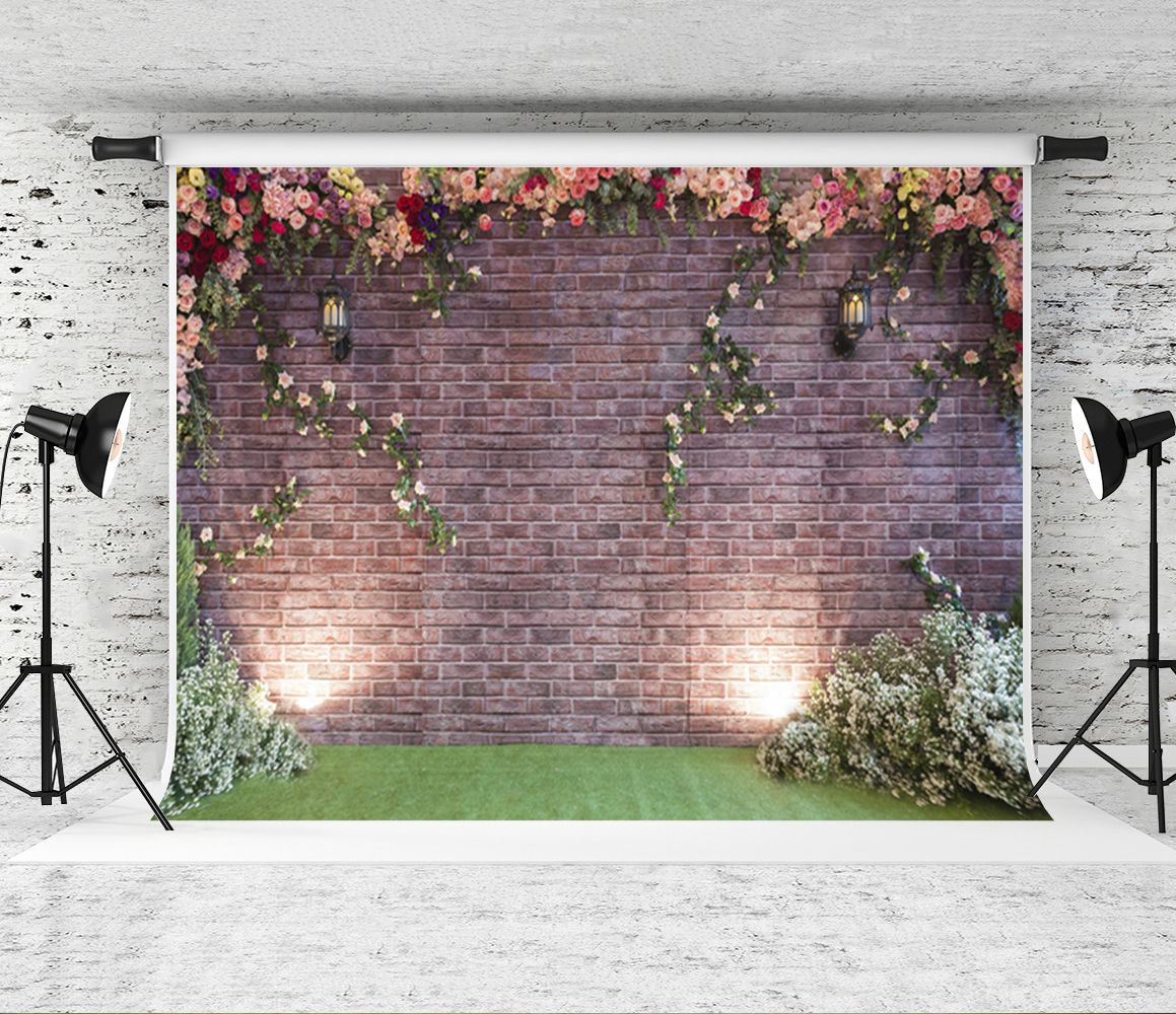 Dream 7x5ft Pink Flower Wall Backdrop Brick Wall Grass Photography ...