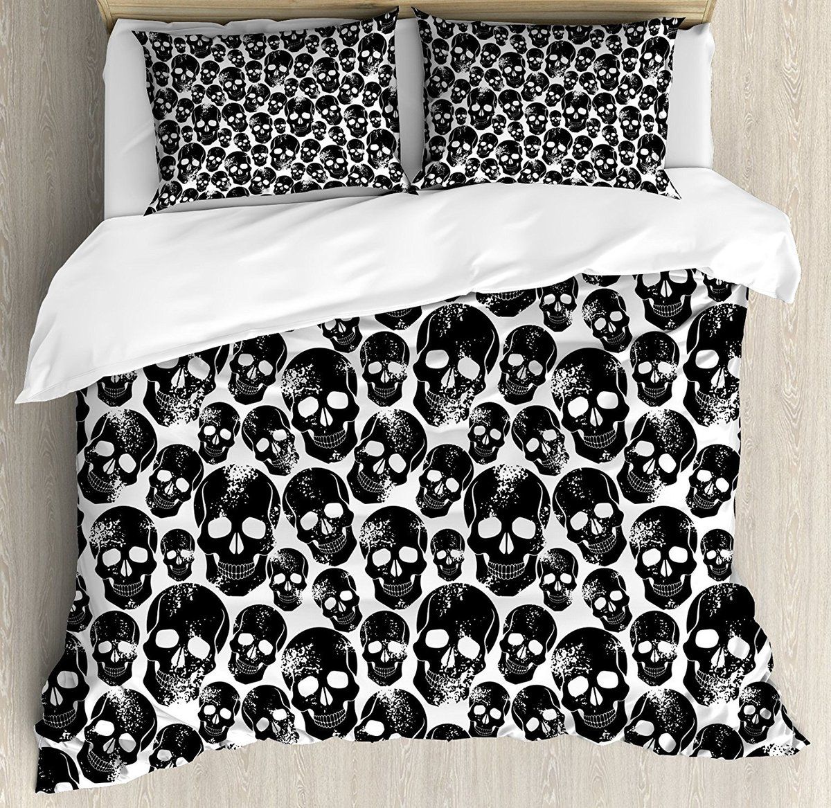 Gothic Duvet Cover Set Grunge Black Human Skulls On White Backdrop Gothic Duvet Cover Set Grunge Black Human Skulls On White Backdrop Evil Men Fear Horror Skeleton Decor Bedding Fine Grey And