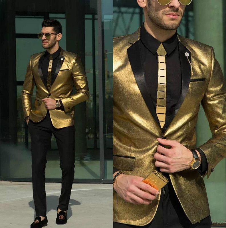 2018 New Shining Gold Wedding Suits for Men Cheap Tuxedos Slim Fit
