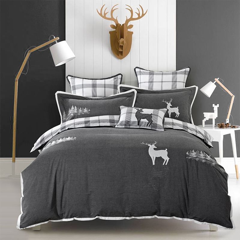 Queen King Size Pure Grey Bedding Sets Soft Bedclothes Queen King Size Pure Grey Bedding Sets Soft Bedclothes Embroidery Deer Penguin Bed Sheet Set Duvet Cover Pillowcases Egyptian Cotton Twin