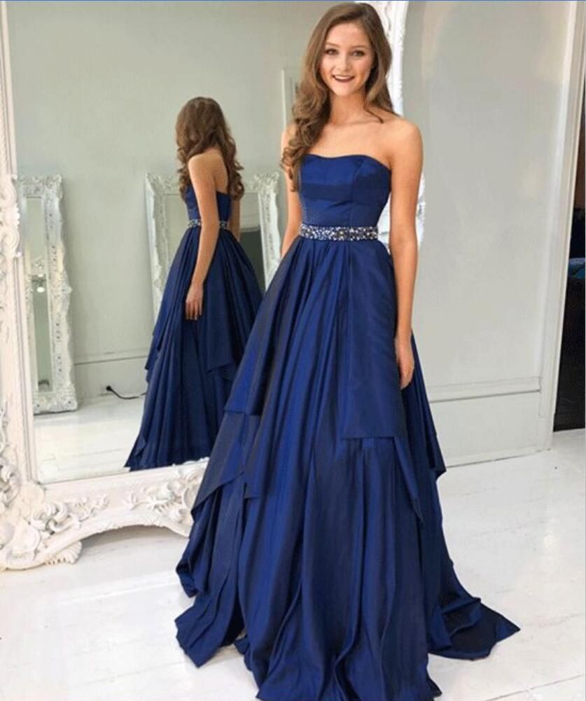 Compra Azul Marino Elegante Vestido Para La Noche Sin Tirantes Con Cuentas  De Cintura Falda Fruncida Una Línea De Vestidos De Noche Niñas Largas  Vestidos De Graduación Vestidos Fiesta Barato | Entrega