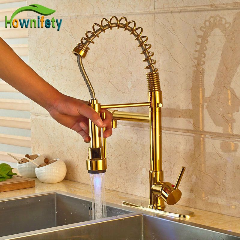 Contemporary Led Light Gold Finish Spring Kitchen Sink Faucet Pull Out Sprayer Mixer Tap