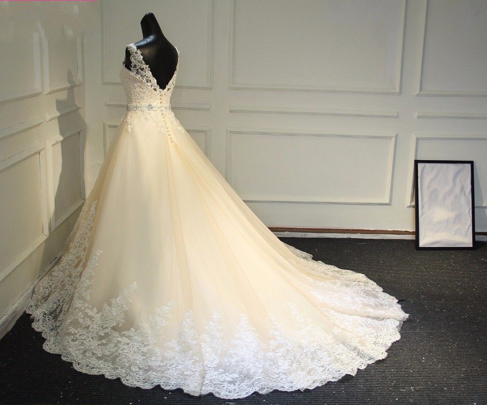 2019 V-Neck Vintage A-Line Lace Wedding Dresses Beaded Sash Backless Bridal Gown 