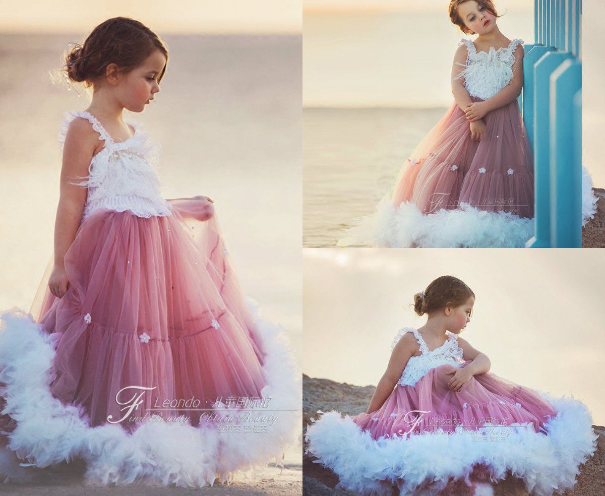 2018 Flower Girl Dresses For Beach Wedding Dress Feather Lace