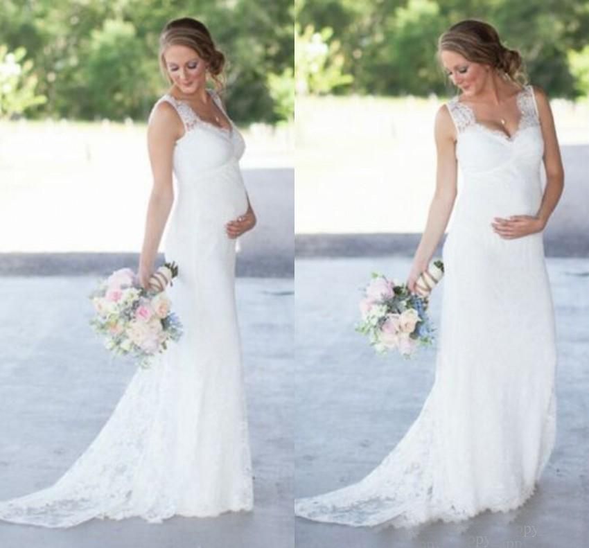 2018 Lace Maternity Wedding Dresses Cheap Romantic V Neck Empire