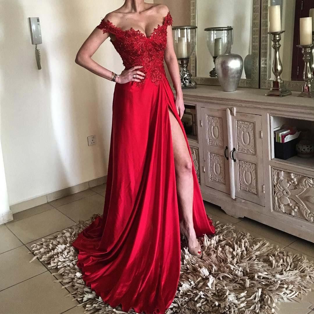 Sexy Red Evening Dress V Neck Lace Appliques Prom Dress Side Slit