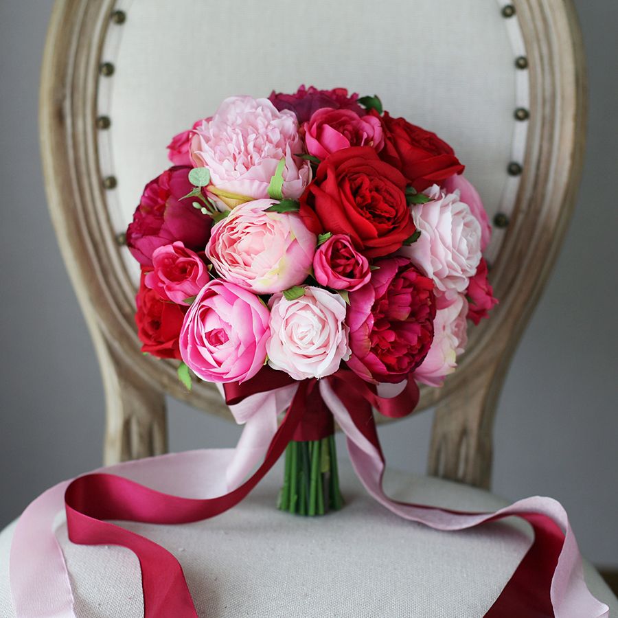 Red Fuchsia Mori Artificial Wedding Bouquets 2018 Hand Made Rose Peony