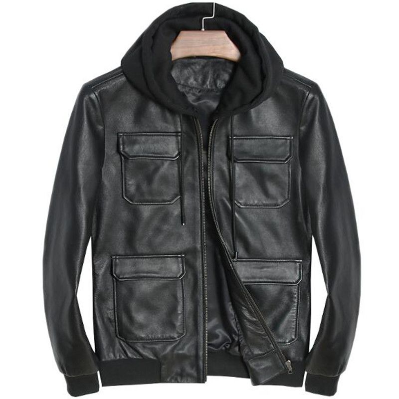 Genuine Leather Jacket Hoo Men Motorcycle Real Sheepskin For Vintage Winter Spring Hooded Casual Black Slim Fit Coats Top