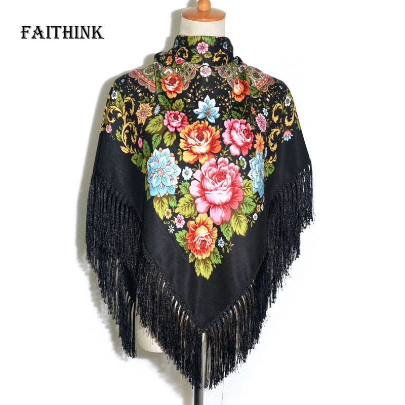 Women Square Scarf Fashion Large Cotton Long Tassel Floral Scarf Spring Shawl
