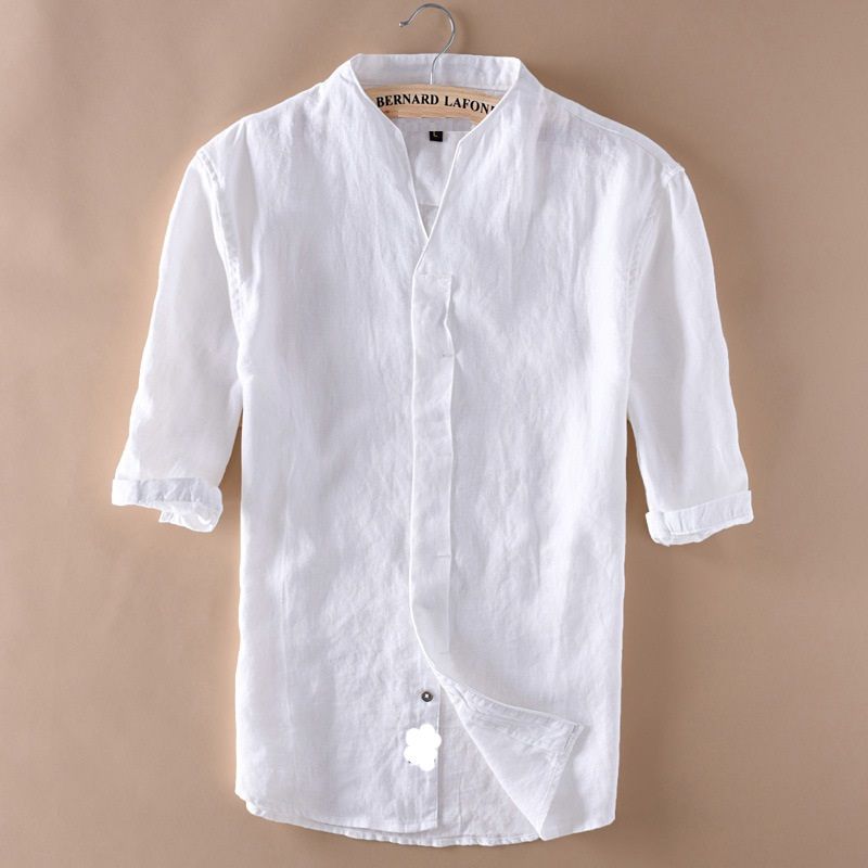 2019 Mens Shirts Short Sleeve Cotton Linen V Neck Collar Casual Shirt ...