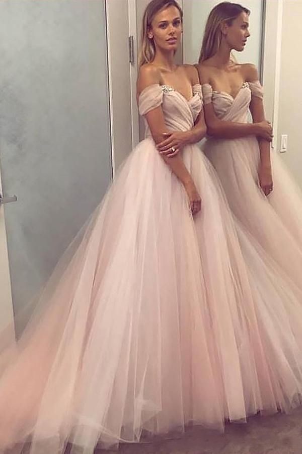 Sexy Off Shoulder Blush 2019 Long Prom Dresses A Line Tulle Ruched