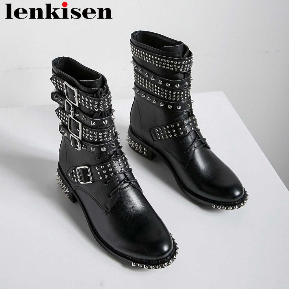 Girls Rock Cloutés Véritable Bout Bas Bottes Européenne Sangle L19 Talons De Moto Rivets 2018 Conception Couleur Boucle Noire Cuir Rond LGqpMzjSUV