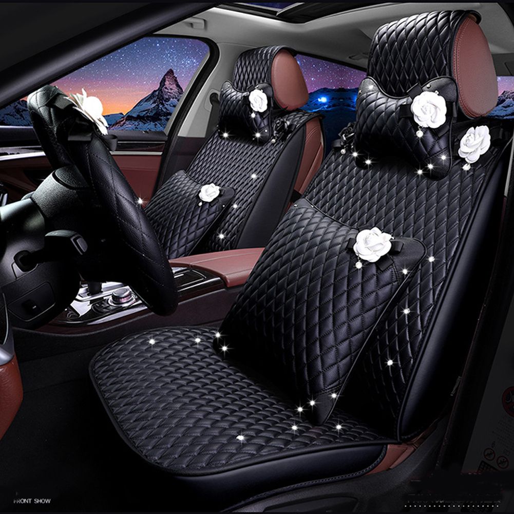 Quality Girly Leather Auto Seat Cover Charming Flower Design Universal Car Covers Pink And Black Protector