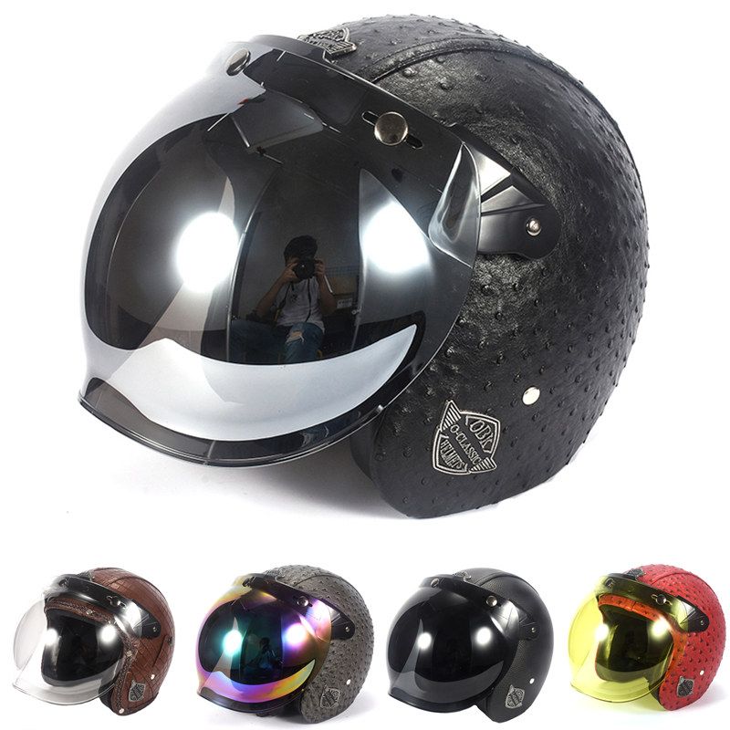 Vintage Leather Motorcycle Helmet Open Face Harley Helmets Vintage Leather Motorcycle Helmet Open Face Harley Helmets Chopper Bike With Flip Up Lens Bubble Visor Shield Dot