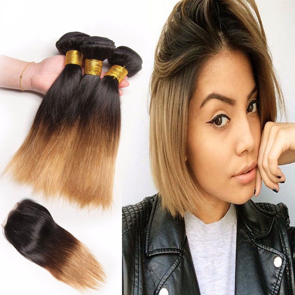 2019 Ombre Brazilian Human Hair Bundles With Closure Two Tone Bob Straight Hair 3 Bundles With Closure Non Remy 1b 27 Hair Weaves From Rarehair1