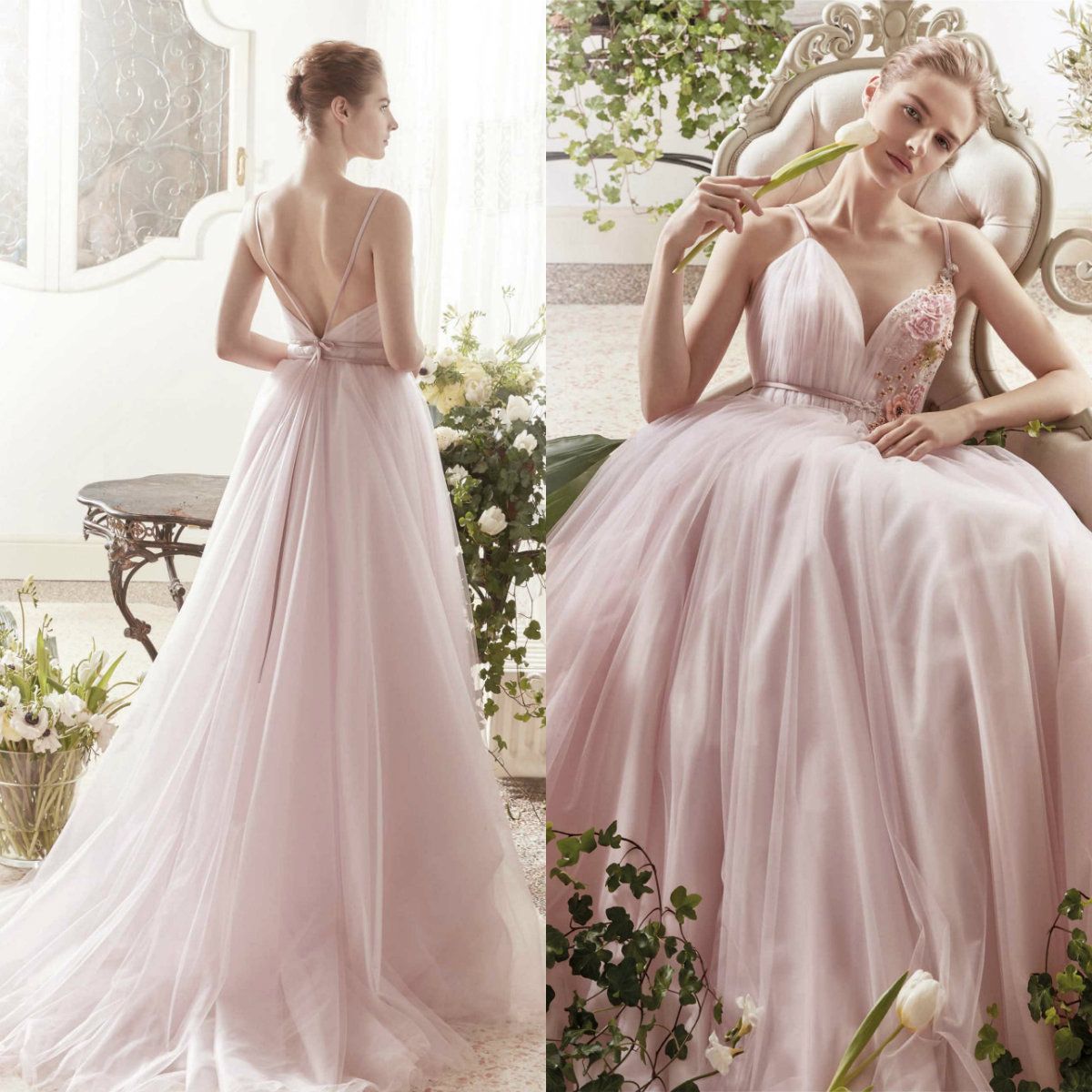 Discount 2019 Light Pink Wedding Dresses Spaghetti Straps Lace