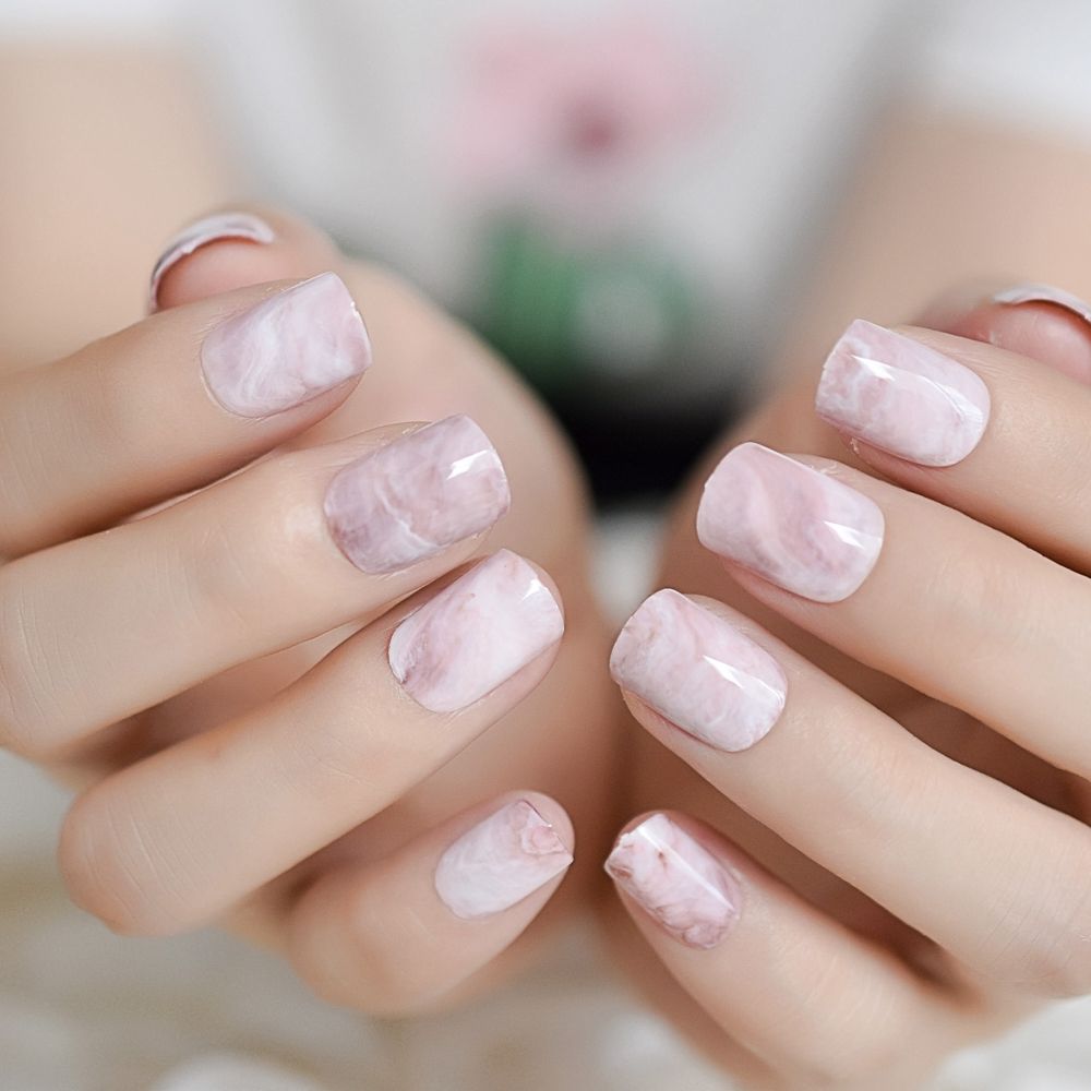 Acquista 24 Pz Pre Progettato Unghie Finte Breve Rosa Marmo Chiodo