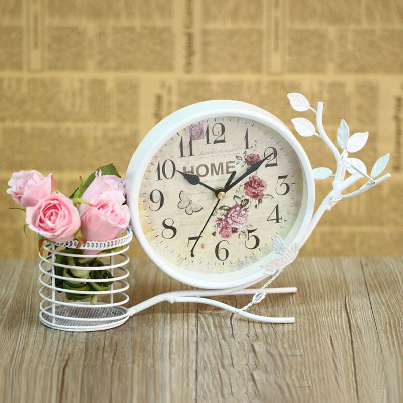Antique Black White Metal Desk Clock Reloj Europe Vintage Round Table Decorative Clocks Interior Furnishings Rustic
