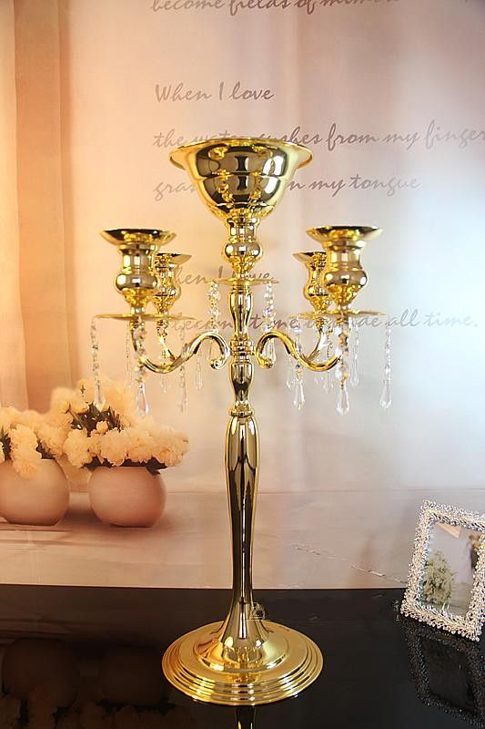 Compre H75cm * W48cm Oro / Plata 5 Cabezas Candelabro De Cristal