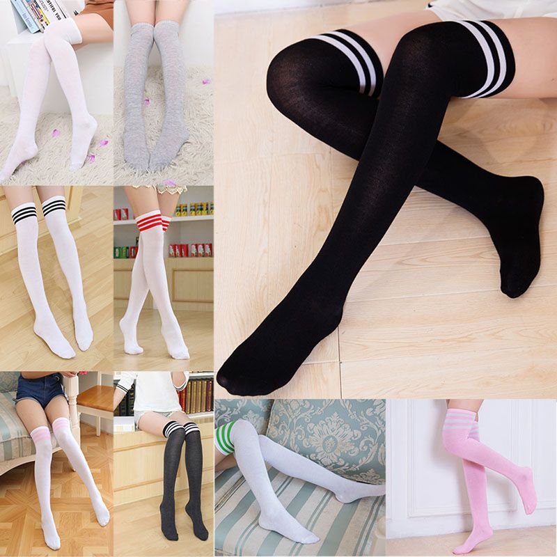 Girl Long Tube Socks Women Sexy Cotton Stripes Knees High Socks Festive ...