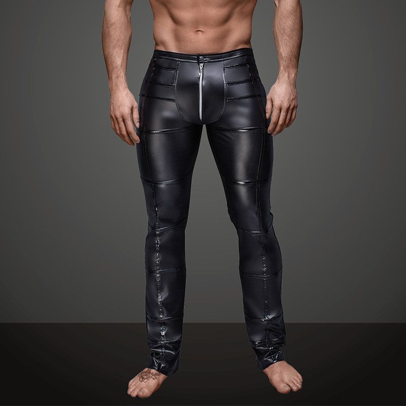 2019 Sexy Men Funny Faux PU Leather Pants Wet Look Zipper Black Spandex ...