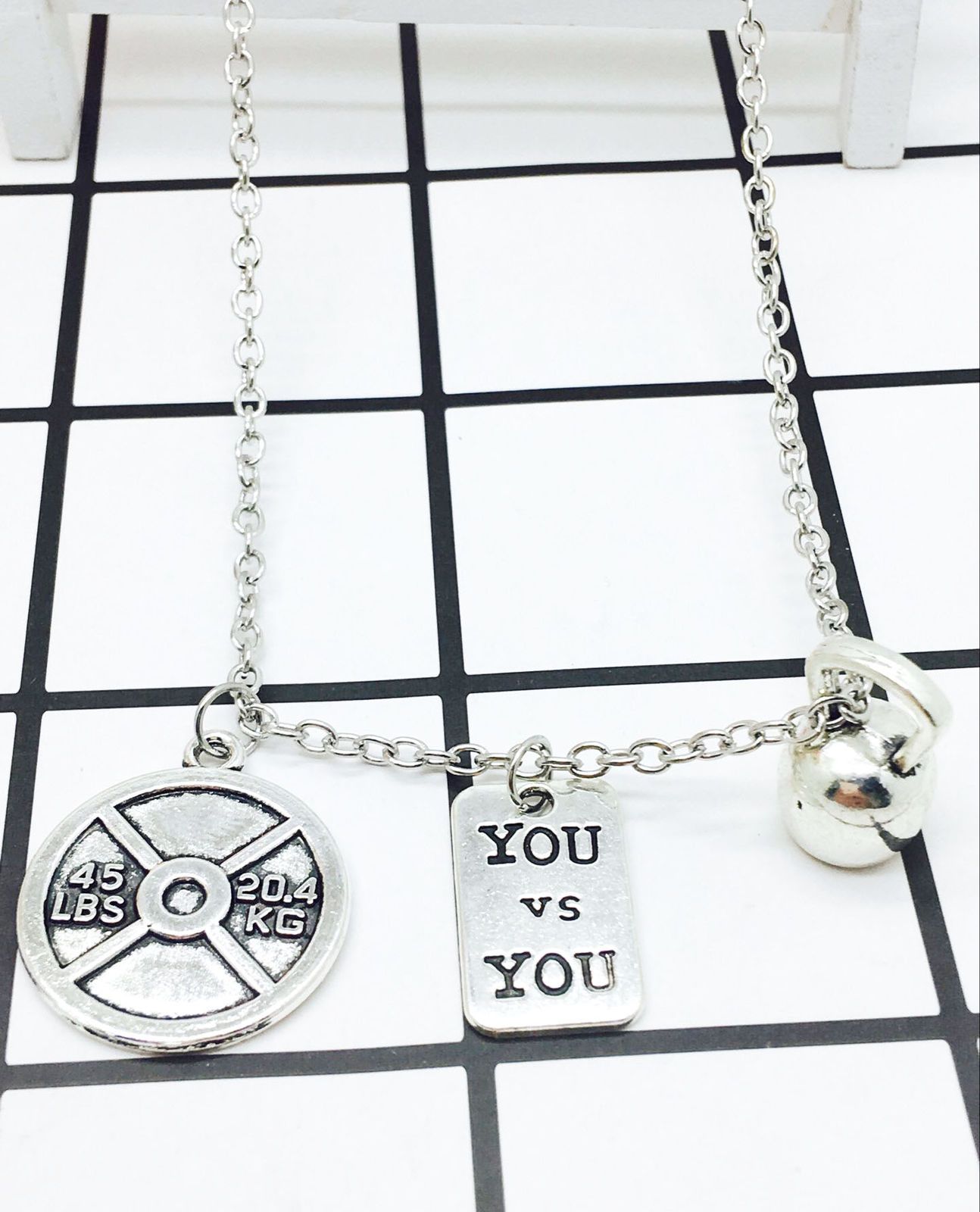 Wholesale 2018 New Hot Sell Antique Silver 45lbs&You And You+Kettlebell Charms Fitness Pendant Necklace Creative Fashion Women Jewelry Holiday Gift ...