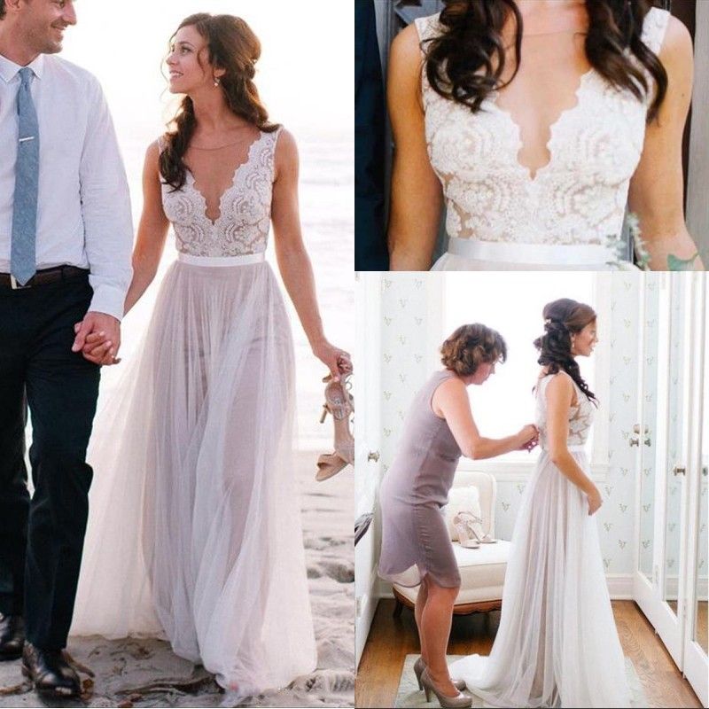 Fashion White Beach Sheath Wedding Dresses With Lace Sheer Summer