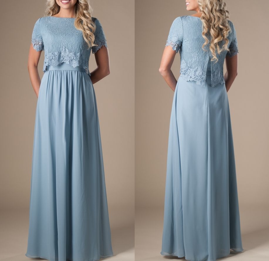 Cornflower Blue Long Modest Bridesmaid Dresses With Short