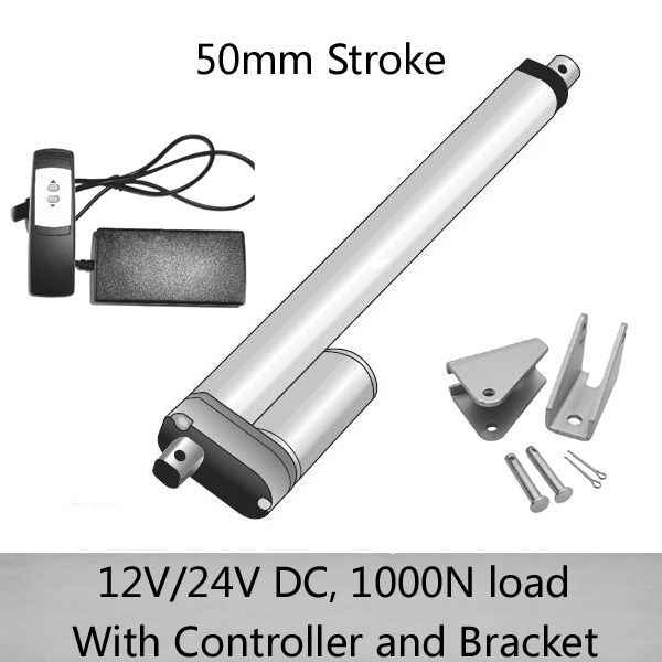 DC 24V 50mm stroke mini linear actuator with 1 for 1 remote controller and mounting brackets 1000N/100kgs load 10mm/s speed waterproof