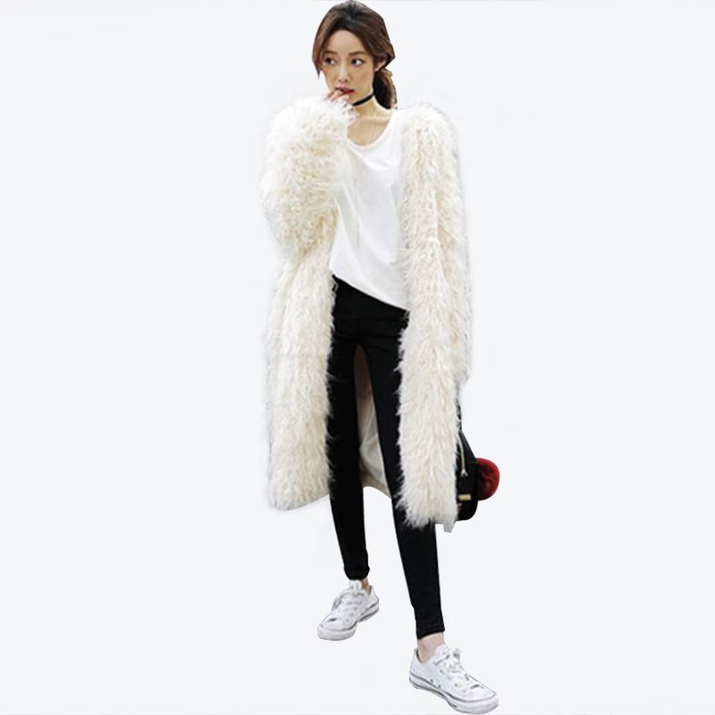 White Long Hair Cardigan Women Fake Fur Coat Winter Warm Faux Fur