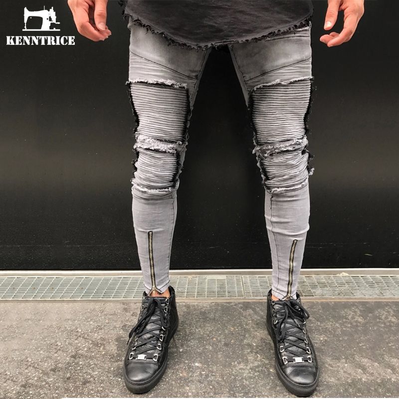 2018 kenntrice ripped jeans men punk style distressed jeans gray