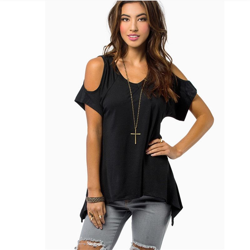 Plus Size Women Casual Short Sleeve T Shirt 2019 Fashion Cold Shoulder V Neck Tops Sexy Loose Solid Women Shirt Female Tees Top