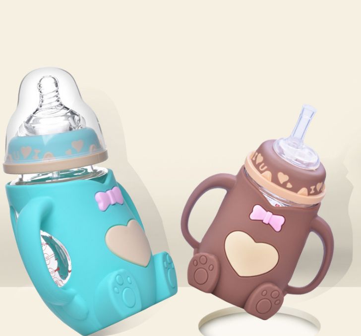 baby bottle maternal and child supplies wide caliber baby with handle shatter resistant anti flatulence newborn silicone glass bottle newborn supplies