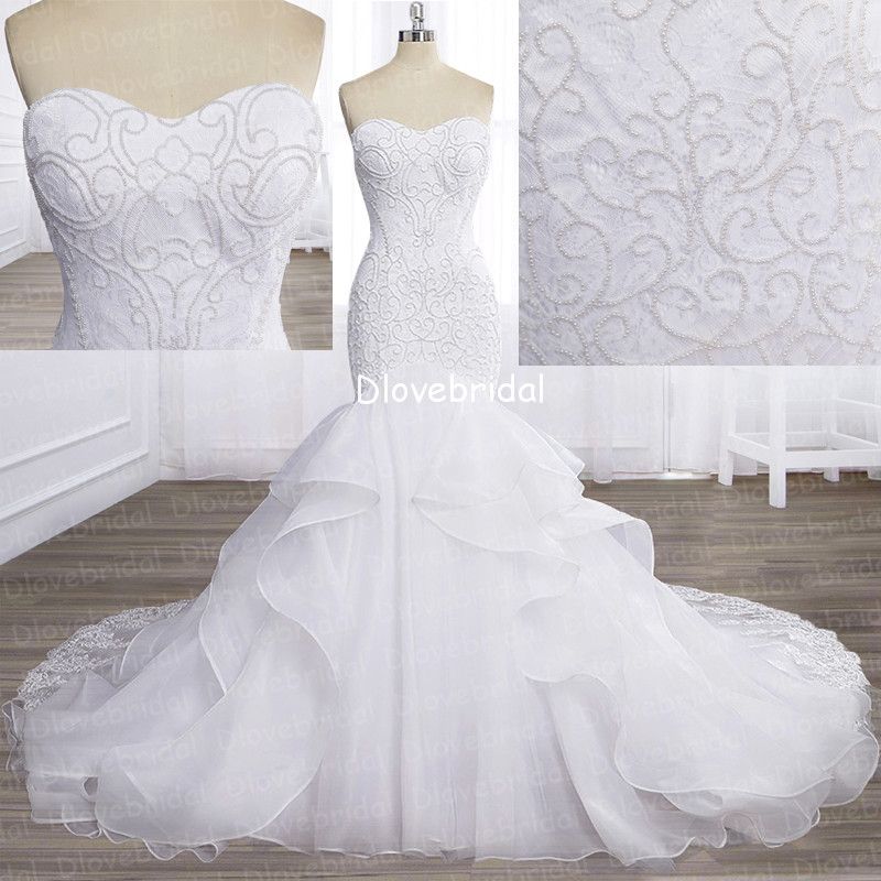 Romantic Mermaid White Boho Beach Wedding Dresses Sparkly Pearls
