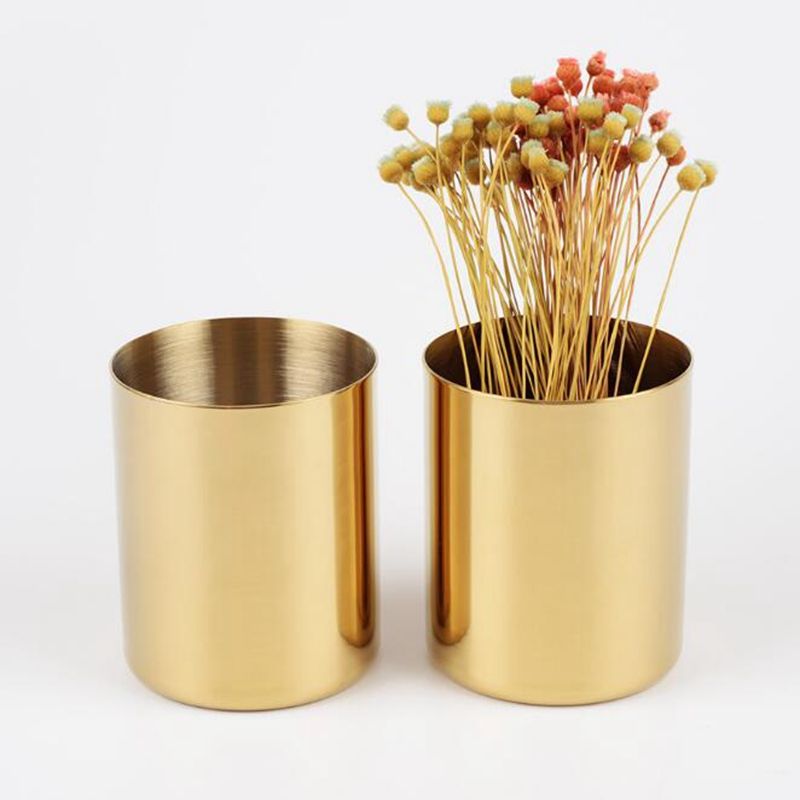 2018 400ml Nordic Style Brass Gold Vase Stainless Steel Cylinder Pen 2018 400ml Nordic Style Brass Gold Vase Stainless Steel Cylinder Pen Holder For Desk Organizers And Stand Multi Use Pencil Pot Cup Contain From Ok767