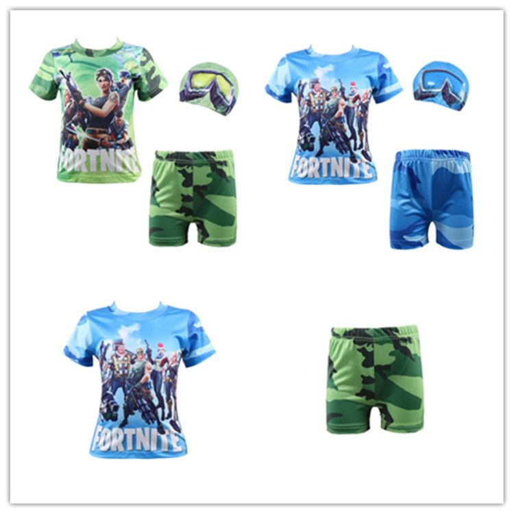 fortnite boys two pieces swimwear with swimming cap letter camouflage swim shirt trunks shorts swim caps boy swimsuit cosplay costumes online with - fortnite swim trunks for boys