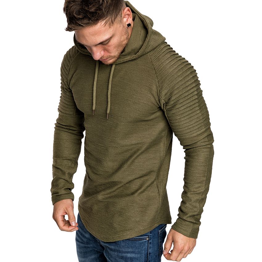 2020 Male Curve Hem Hooded Solid Pleated Sleeve Hoodies Men Longline ...