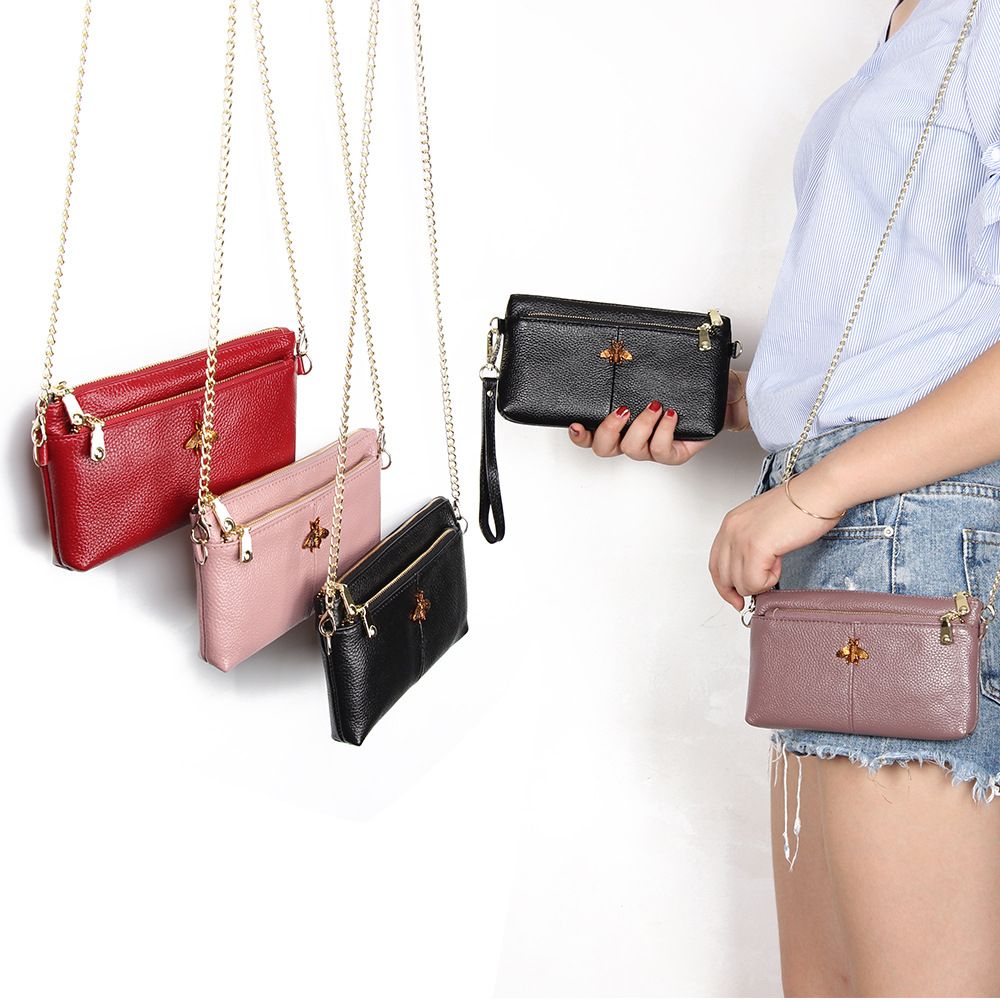 Women&#39;S Genuine Leather Wristlet Clutch Crossbody Bag With Chain Strap Small Cell Phone Purse ...