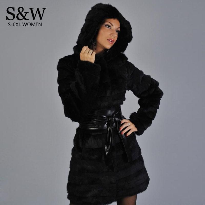 Plus En De Xxxl Manteaux Capuche 4xl Lapin Femmes Manteau Fourrure Rayure Ceinture 5xl Fausse Hiver Noir La Section Blanc Taille Long shrtCQdx