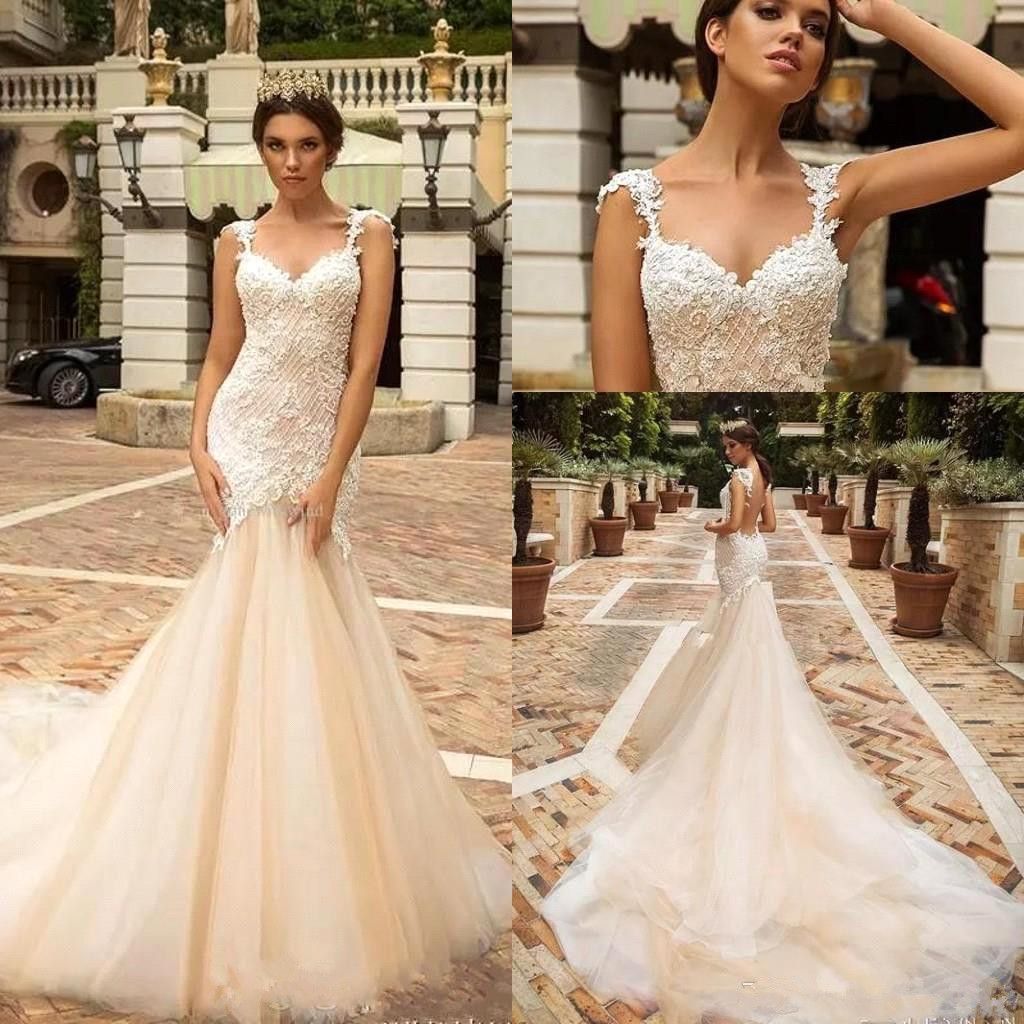 2018 Spaghetti Straps Lace Mermaid Wedding Dresses Tulle Lace Applique ...