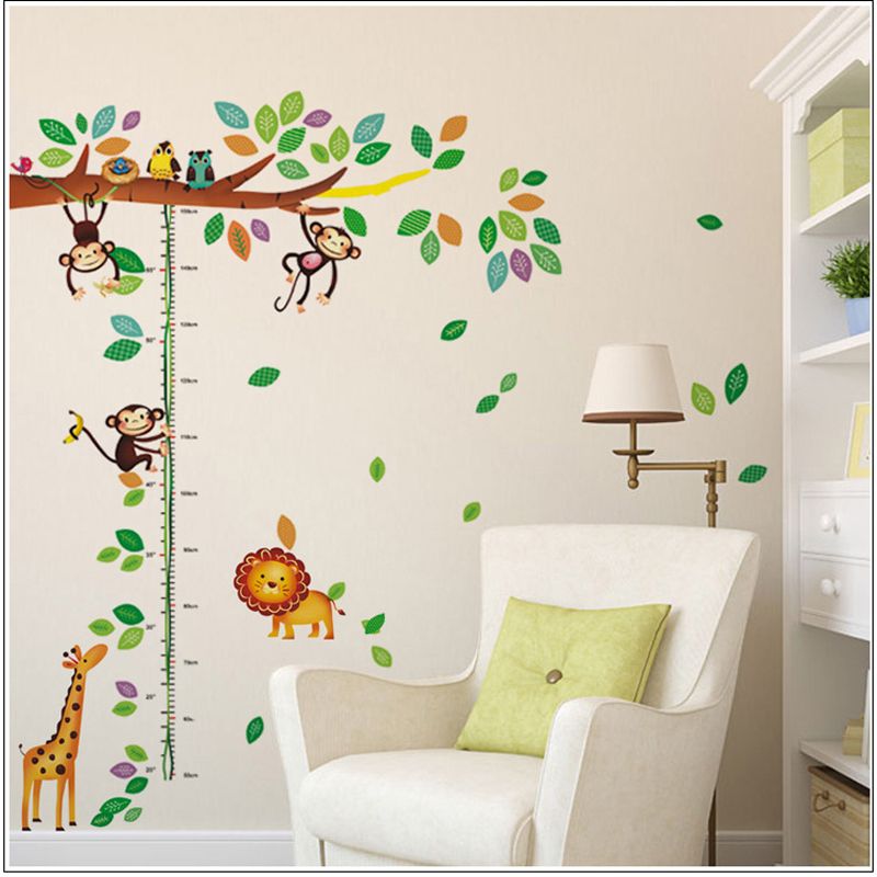 cartoon giraffe monkey trees height wall sticker baby room children