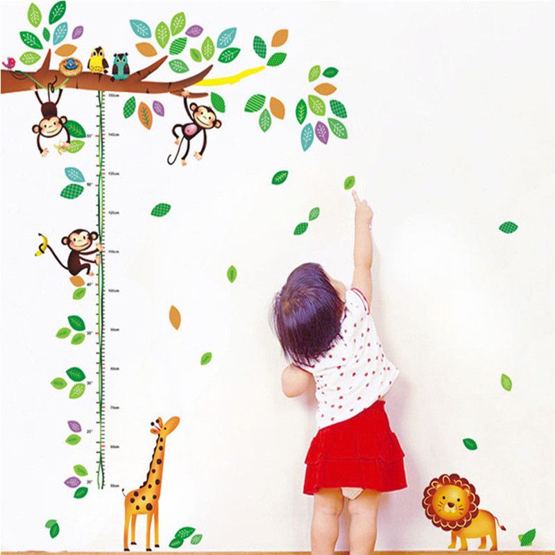 cartoon giraffe monkey trees height wall sticker baby room children