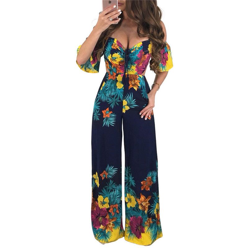 2020 Women Off Shoulder Jumpsuits Sexy Floral Printing Playsuit Casual ...