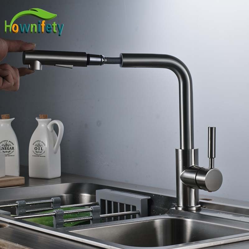 Single Handle One Hole Kitchen Washing Tap Nickle Brushed Dual Function Pull Out Sprayer Head Water Faucet