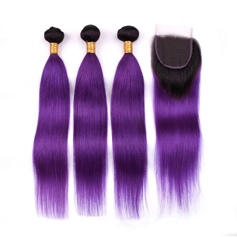 Dark Roots Lace Closure 4x4 With Ombre Colored Purple Straight Hair Weaves 1b Purple Ombre Color Virgin Hair 3 Bundles With Lace Closure Best Hair For