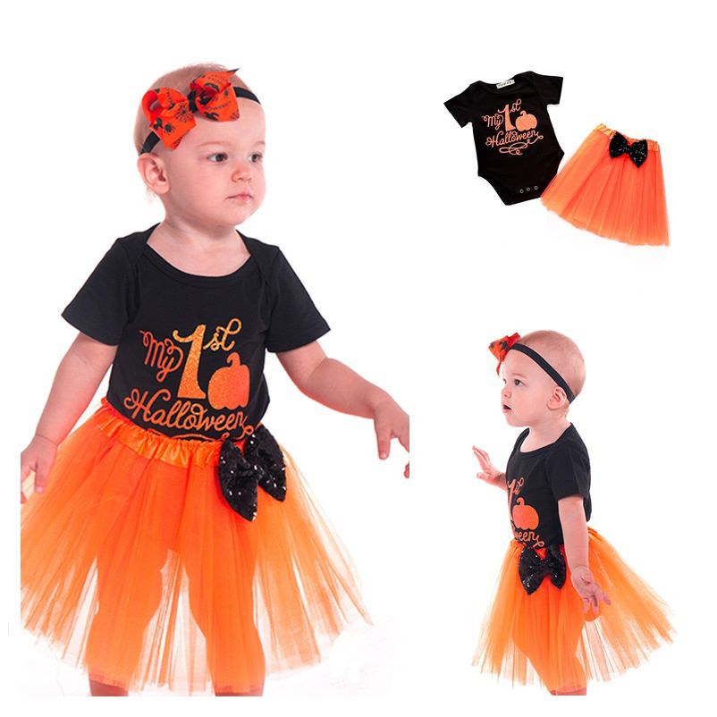 2018 baby halloween romper skirt suit pumpkin clothing sets pumpkin printed romper bow skirt my 1st halloween 3 18m from tiangeltg 699 dhgatecom