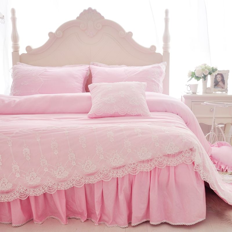 Solid Color Princess Bedspread Bedding Sets Luxury Pink Bed Skirt Solid Color Princess Bedspread Bedding Sets Luxury Pink Bed Skirt Lace Edge Duvet Cover Bedclothes Sheet Pillowcases Queen Size Lime Green