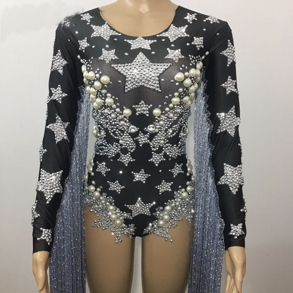 2020 Gray Tassel Crystals Stars Bodysuit Women Stage Dance Fringes