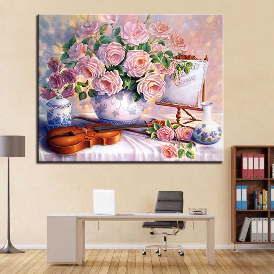 Acheter Bricolage Peinture à Lhuile Par Numéros Coloriage Violon Rose Hibiscus Fleur Sur Toile Photos Peint à La Main Unique Home Decor Mur Art Cadre